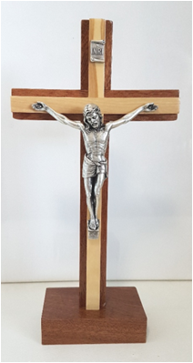 Standing Wood Crucifix, Two Tone Wood Crucifix On Base 22cm