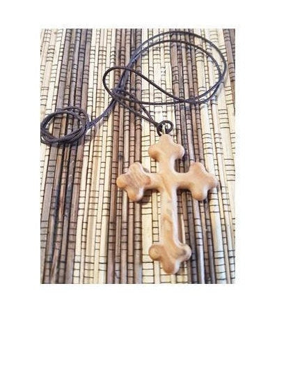 Orthodox Cross On Cord, Olive Wood Cross Necklace on Brown Cord, Jerusalem Wood Jewelry, Wood Cross Jewelry for Men, Gifts from Jerusalem