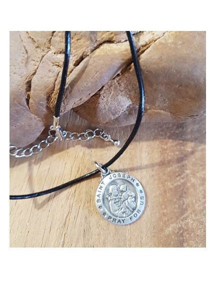 St Joseph Patron Saint Of Fathers,Saint for Families and Workers Pewter Chain, St Joseph Pendant on Leather adjustable Chain,Pewter Medal