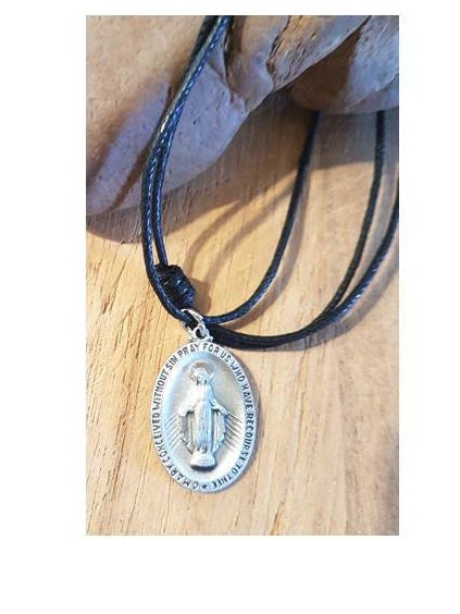 Hail Mary Miraculous Medal Necklace for Men, Virgin Mary Medal on Adjustable Black Cord,  Our Lady of Grace Adult Medal,  Thick Pewter Medal