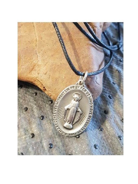 Hail Mary Miraculous Medal Necklace for Men, Virgin Mary Medal on Adjustable Black Cord,  Our Lady of Grace Adult Medal,  Thick Pewter Medal