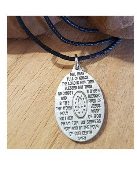 Hail Mary Miraculous Medal Necklace for Men, Virgin Mary Medal on Adjustable Black Cord,  Our Lady of Grace Adult Medal,  Thick Pewter Medal