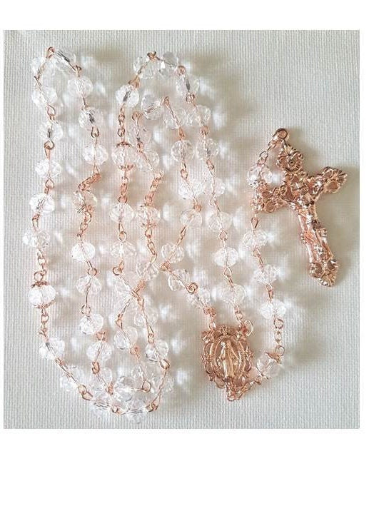 Rose Gold Rosary/Crystal Rosary with Rose Gold Link/ Rose Gold Crucifix and Rose Gold Link Rosary/Crystal Wedding and Bridal Rosary