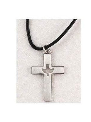 Pewter Cross with Holy Spirit/ Confirmation Gifts For Boys / Cut-Out Holy Spirit On Cross , Cross with Leather Chain ,extendable.