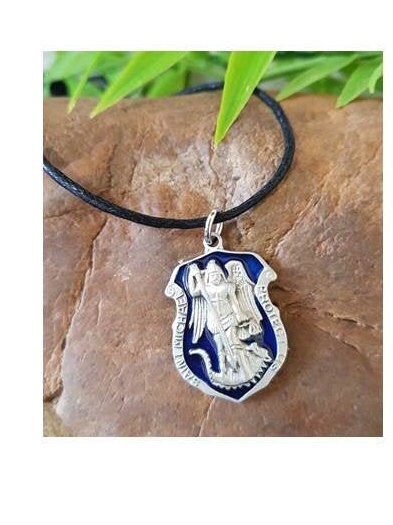Blue St Michael Necklace , St Michael Badge Medal, Policeman and Military Gift,Adjustable Cord Archangel Michael, Men's and Youth Gift