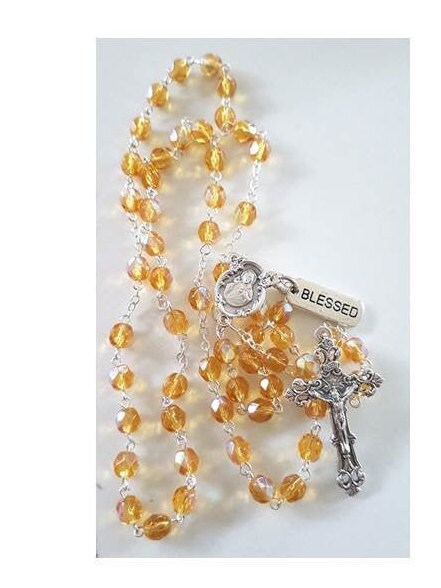 Birthstone November Rosary Topaz Stone with 'Blessed' Medal and 'How to Read The Rosary Booklet/ November Birthstone Rosary Glass Beads