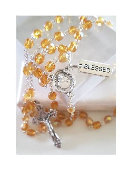 Birthstone November Rosary Topaz Stone with 'Blessed' Medal and 'How to Read The Rosary Booklet/ November Birthstone Rosary Glass Beads