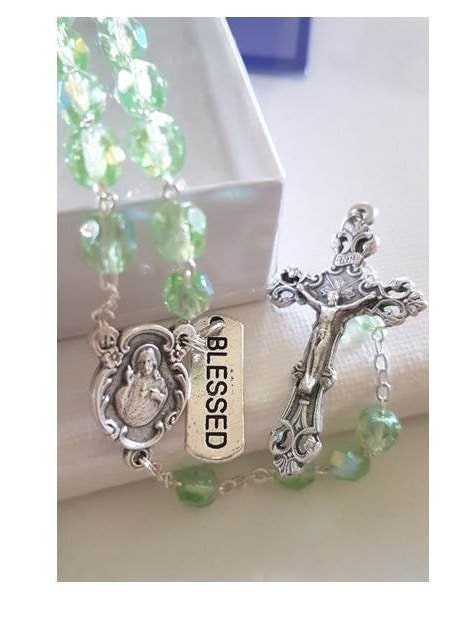 August Birthstone Rosary /Peridot Green August Birthstone Colour Glass Rosary with 'How To Pray The Rosary' Booklet & Birthstone Colour Tag