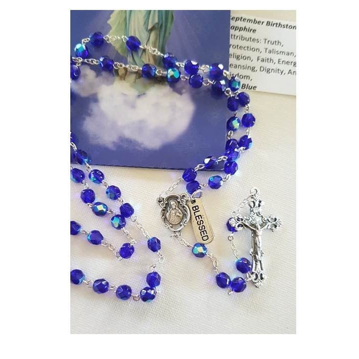 September Birthstone Rosary/ Sapphire Blue Color Birthstone Glass Rosary with Birthstone card and 'How To Read The Rosary' Booklet