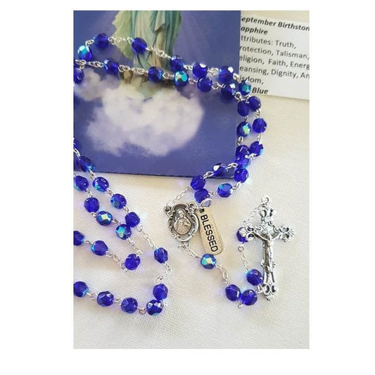 September Birthstone Rosary/ Sapphire Blue Color Birthstone Glass Rosary with Birthstone card and 'How To Read The Rosary' Booklet