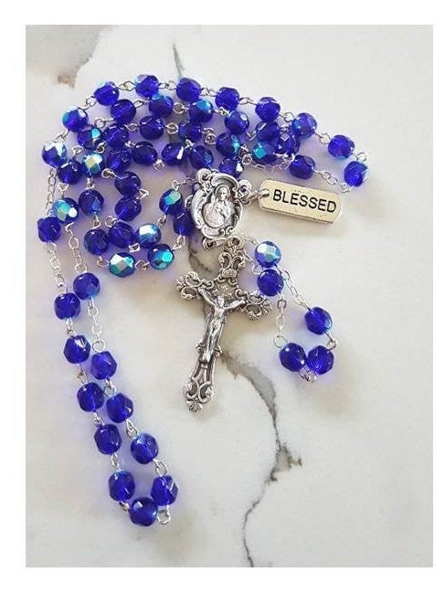 September Birthstone Rosary/ Sapphire Blue Color Birthstone Glass Rosary with Birthstone card and 'How To Read The Rosary' Booklet
