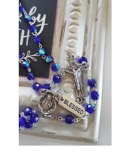September Birthstone Rosary/ Sapphire Blue Color Birthstone Glass Rosary with Birthstone card and 'How To Read The Rosary' Booklet