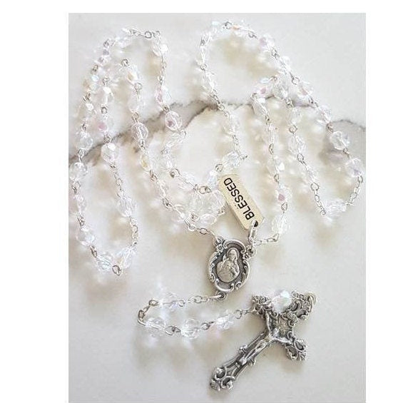 April Birthstone Rosary Glass Beads With' How To Read The Rosary' Card and Birthstone Tag/Clear Glass rosary/April Clear Birthstone Rosary /