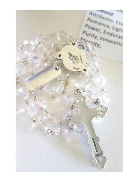 April Birthstone Rosary Glass Beads With' How To Read The Rosary' Card and Birthstone Tag/Clear Glass rosary/April Clear Birthstone Rosary /