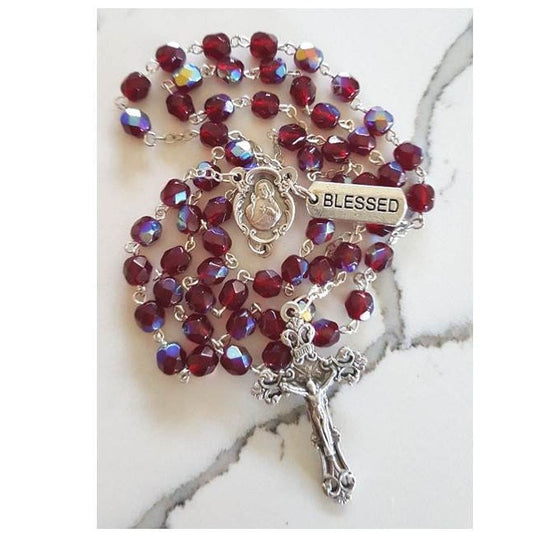 January Birthstone Rosary/Garnet Red Birthstone Colour Rosary in 6mm Glass comes with Prayer Card and Birthstone Colour Attributes