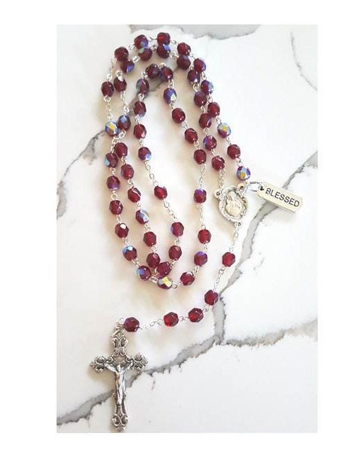 January Birthstone Rosary/Garnet Red Birthstone Colour Rosary in 6mm Glass comes with Prayer Card and Birthstone Colour Attributes