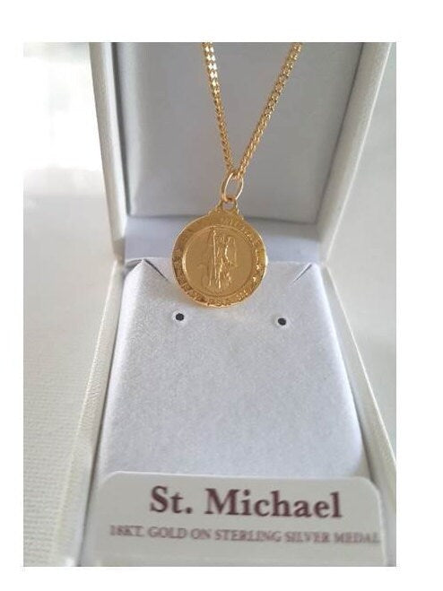 St Michael Gold on Sterling Silver Necklace,Saint Michael Arcangel Medal for Kids and Adults,Gold Overlay Catholic Medals,St Michael Pendant