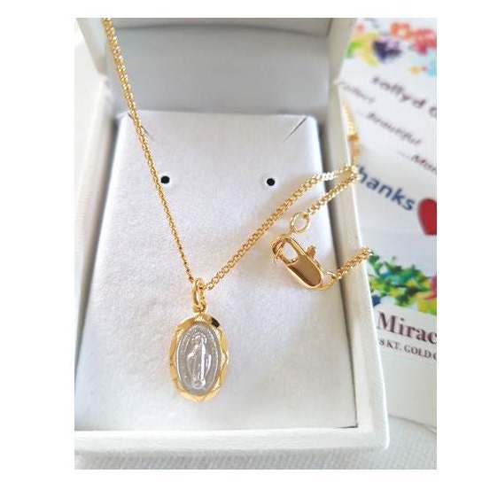 Virgin Mary Gold on Sterling Silver Medal,Small Madonna Sterling Silver 2 Tone Gold Necklace,Our lady Of Grace two tone medal,Children Medal