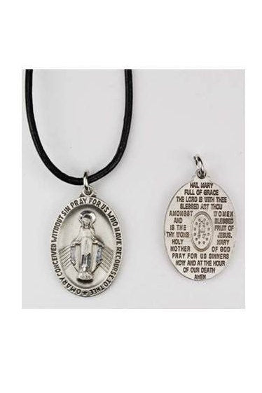 Hail Mary Miraculous Medal Necklace for Men, Virgin Mary Medal on Adjustable Black Cord,  Our Lady of Grace Adult Medal,  Thick Pewter Medal
