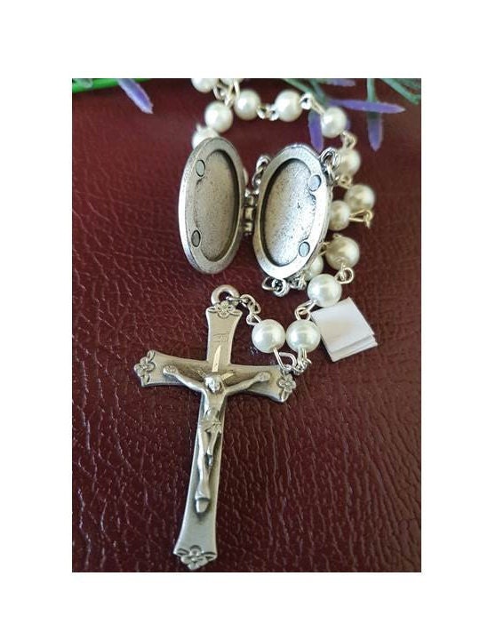 Pearl Rosary With Locket to Request Prayer/Prayer Petition Locket Pearl Rosary/Special Prayer Request Rosary /Pearl Rosary with Locket