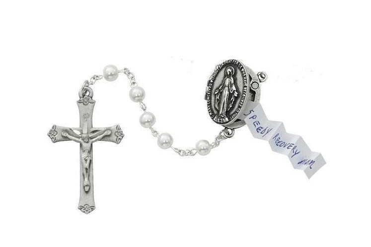 Pearl Rosary With Locket to Request Prayer/Prayer Petition Locket Pearl Rosary/Special Prayer Request Rosary /Pearl Rosary with Locket