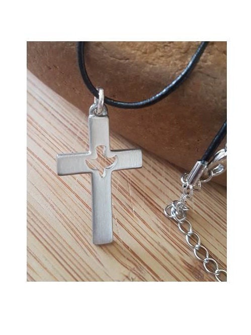 Pewter Cross with Holy Spirit/ Confirmation Gifts For Boys / Cut-Out Holy Spirit On Cross , Cross with Leather Chain ,extendable.