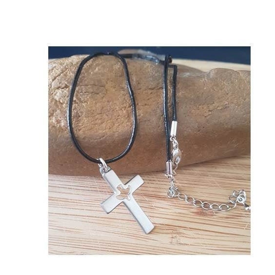 Pewter Cross with Holy Spirit/ Confirmation Gifts For Boys / Cut-Out Holy Spirit On Cross , Cross with Leather Chain ,extendable.