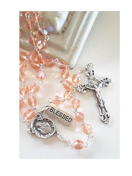 October Birthstone Rose Zircon Glass Rosary/ Birthstone Colour Rosary In Rose Zircon with Birthstone Card & 'How to Pray The Rosary Booklet'