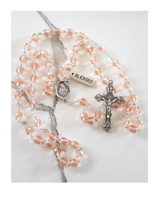 October Birthstone Rose Zircon Glass Rosary/ Birthstone Colour Rosary In Rose Zircon with Birthstone Card & 'How to Pray The Rosary Booklet'