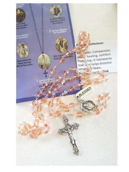 October Birthstone Rose Zircon Glass Rosary/ Birthstone Colour Rosary In Rose Zircon with Birthstone Card & 'How to Pray The Rosary Booklet'