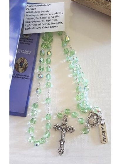 August Birthstone Rosary /Peridot Green August Birthstone Colour Glass Rosary with 'How To Pray The Rosary' Booklet & Birthstone Colour Tag