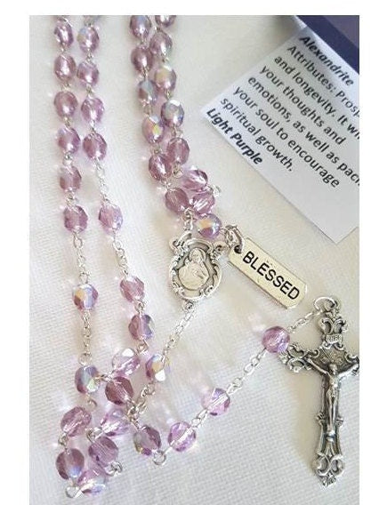 June Birthstone Light Amethyst/Alexandrite Rosary/ Birthstone Rosary for June with Birthstone Card and 'How To Read The Rosary ' Booklet set