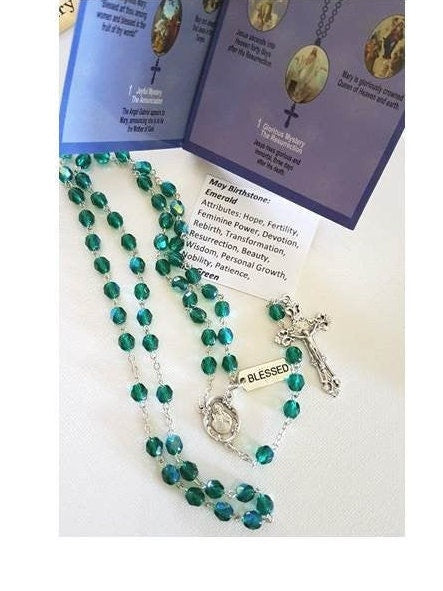 Emerald Birthstone Rosary/May Birthstone Rosary In Green Emerald with Birthstone Attributes Tag & How to Pray the Rosary Booklet Set