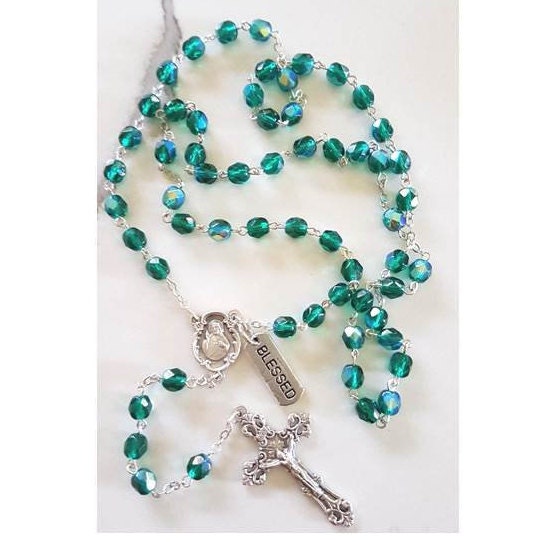 Emerald Birthstone Rosary/May Birthstone Rosary In Green Emerald with Birthstone Attributes Tag & How to Pray the Rosary Booklet Set