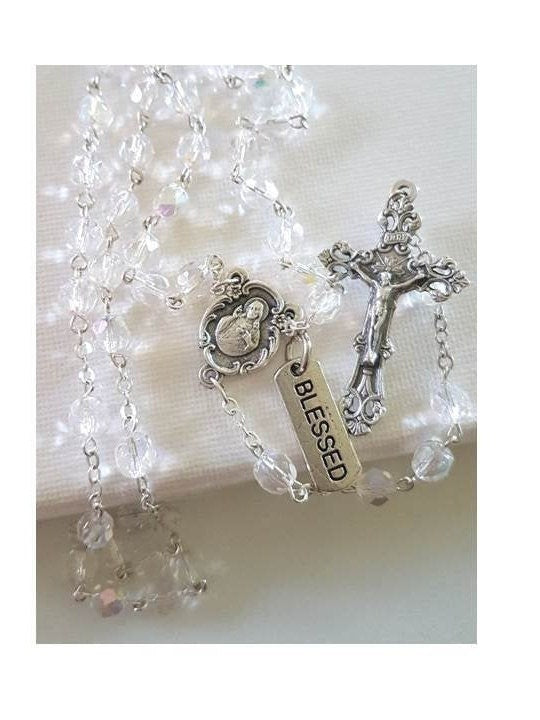 April Birthstone Rosary Glass Beads With' How To Read The Rosary' Card and Birthstone Tag/Clear Glass rosary/April Clear Birthstone Rosary /