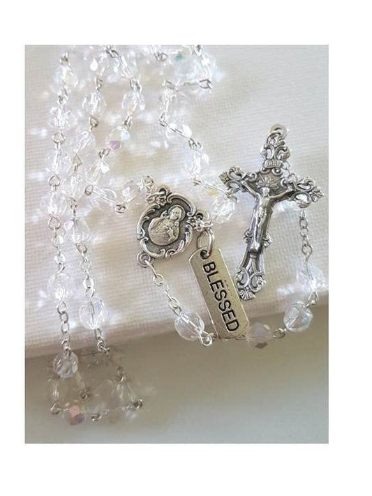April Birthstone Rosary Glass Beads With' How To Read The Rosary' Card and Birthstone Tag/Clear Glass rosary/April Clear Birthstone Rosary /