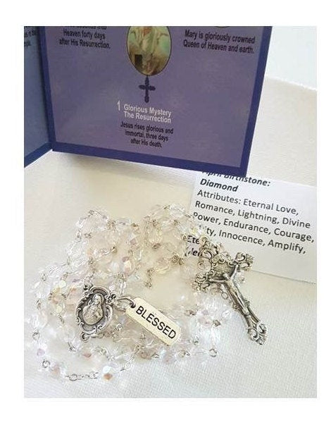 April Birthstone Rosary Glass Beads With' How To Read The Rosary' Card and Birthstone Tag/Clear Glass rosary/April Clear Birthstone Rosary /