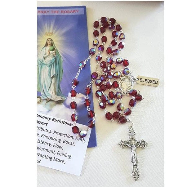 January Birthstone Rosary/Garnet Red Birthstone Colour Rosary in 6mm Glass comes with Prayer Card and Birthstone Colour Attributes