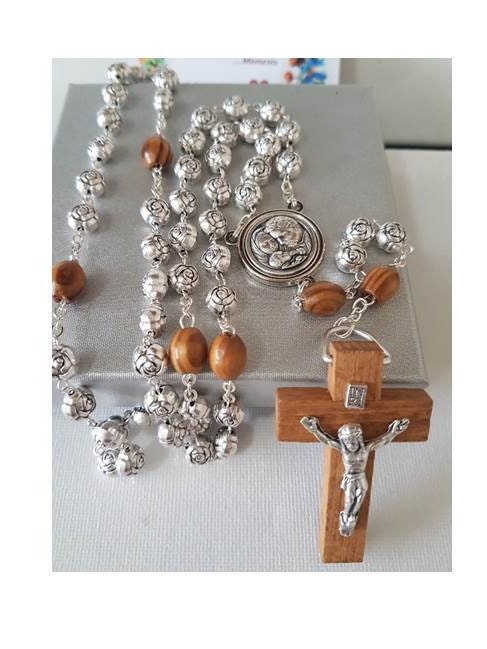 Holy Family Rosary,Olive Wood & Metal Rosebud Rosary, Adults and Men's Wood And Metal Prayer Beads,Our Lady of Perpetual Help Medal, Heavy