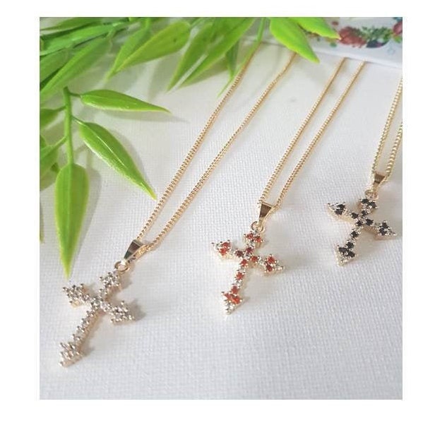 14K Gold Filled Cross with CZ crystal / Crystal Gold Filled Cross Pendant / Black Diamante CZ Cross / Red Cubic Zirconia Cross Necklace