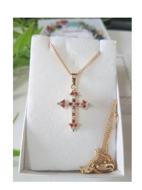 14K Gold Filled Cross with CZ crystal / Crystal Gold Filled Cross Pendant / Black Diamante CZ Cross / Red Cubic Zirconia Cross Necklace