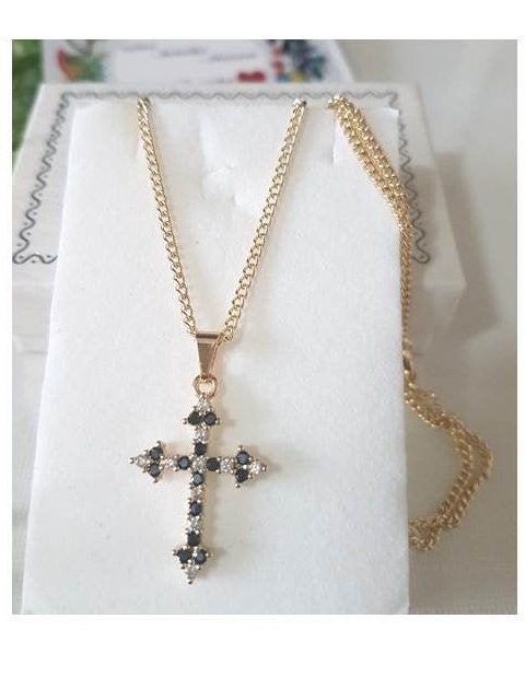 14K Gold Filled Cross with CZ crystal / Crystal Gold Filled Cross Pendant / Black Diamante CZ Cross / Red Cubic Zirconia Cross Necklace
