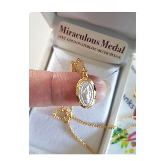 Virgin Mary Gold on Sterling Silver Medal,Small Madonna Sterling Silver 2 Tone Gold Necklace,Our lady Of Grace two tone medal,Children Medal