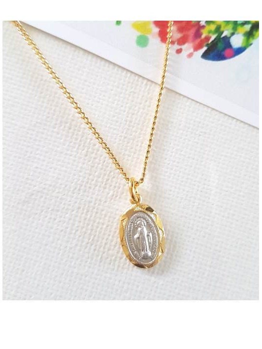 Virgin Mary Gold on Sterling Silver Medal,Small Madonna Sterling Silver 2 Tone Gold Necklace,Our lady Of Grace two tone medal,Children Medal