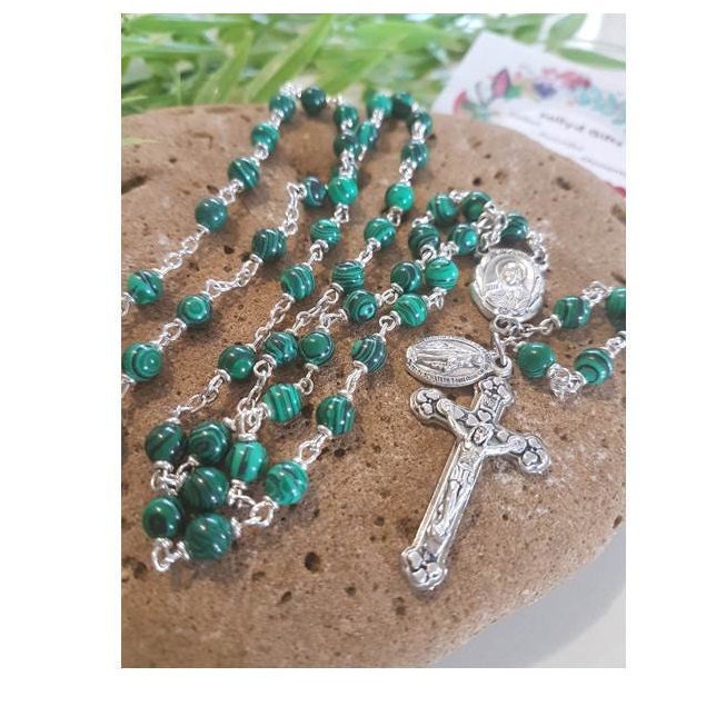 Genuine Malachite Rosary/Malachite Rosary with Jesus and Mary Medals/ Italian Gemstone Malachite Prayer Beads/Gemstone Catholic Rosary