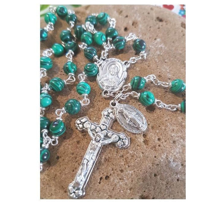 Genuine Malachite Rosary/Malachite Rosary with Jesus and Mary Medals/ Italian Gemstone Malachite Prayer Beads/Gemstone Catholic Rosary
