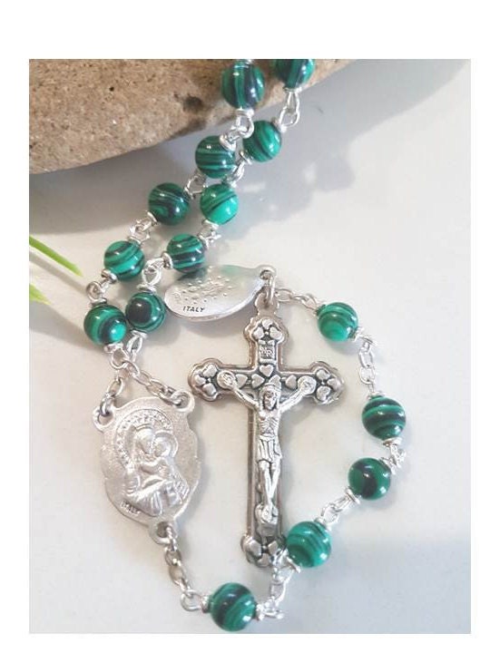 Genuine Malachite Rosary/Malachite Rosary with Jesus and Mary Medals/ Italian Gemstone Malachite Prayer Beads/Gemstone Catholic Rosary