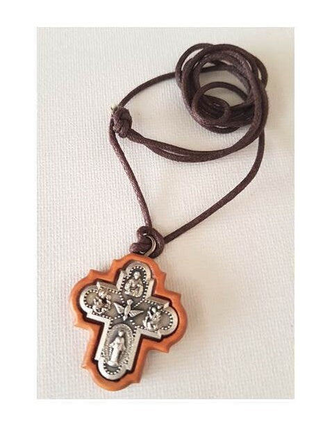 Four Way Cross Pendant, Olive Wood 4 Way Cross Medal,Confirmation Graduation Gifts, Holy Spirit Necklace, Cross Medal For Boys, 5 way Cross,
