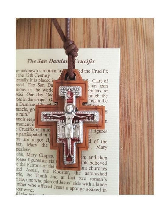 Olive Wood Necklace/ San Damiano Olive Wood Cross On Cord/ St Francis Olive Wood Cross/Gifts for Communion, Confirmation /Men's wood Cross