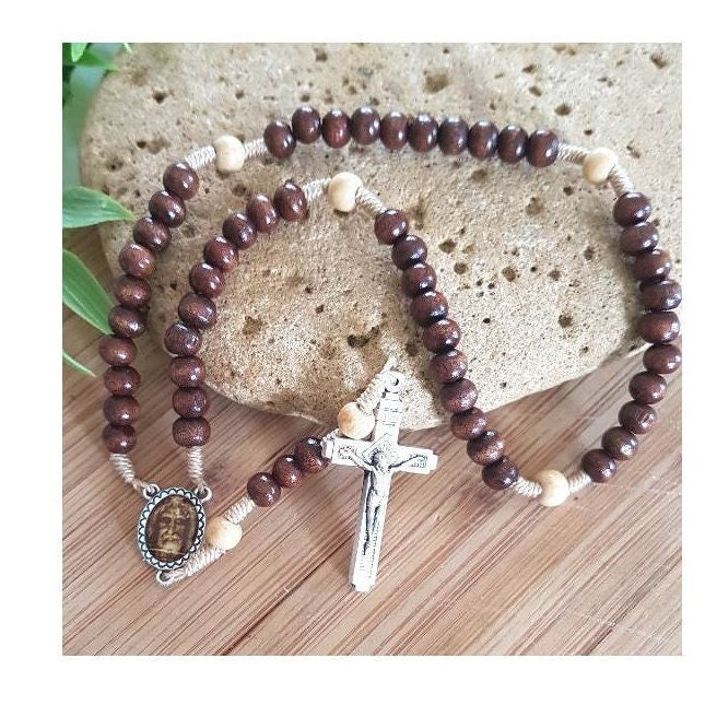 Shroud Of Turin Rosary/Face of Holy Jesus Wood Rosary/Holy Face of Christ Wood rosary/Madonna Our Lady Of Grace Medal Rosary